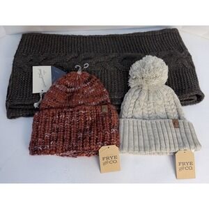 Bundle All NWT (2) Frye & Co Cable Knit Pom Beanies Hats, Universal Thread Scarf